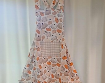 Cotton Crossback Apron with Burlap Pumpkins and Gingham Ruffle | Fall Kitchen Apron with Front Pocket | Farmhouse Autumn Apron Gift