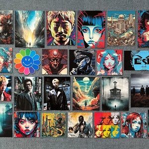 May include: A collage of 25 colourful and abstract stickers featuring various characters, designs, and imagery. The stickers are arranged in a grid pattern on a grey background.