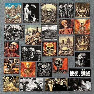 May include: A collage of 18 square images featuring various skull and skeleton designs. The images are in black, white, red, and yellow. The text "使徒, 悪魔" is in the bottom right corner.