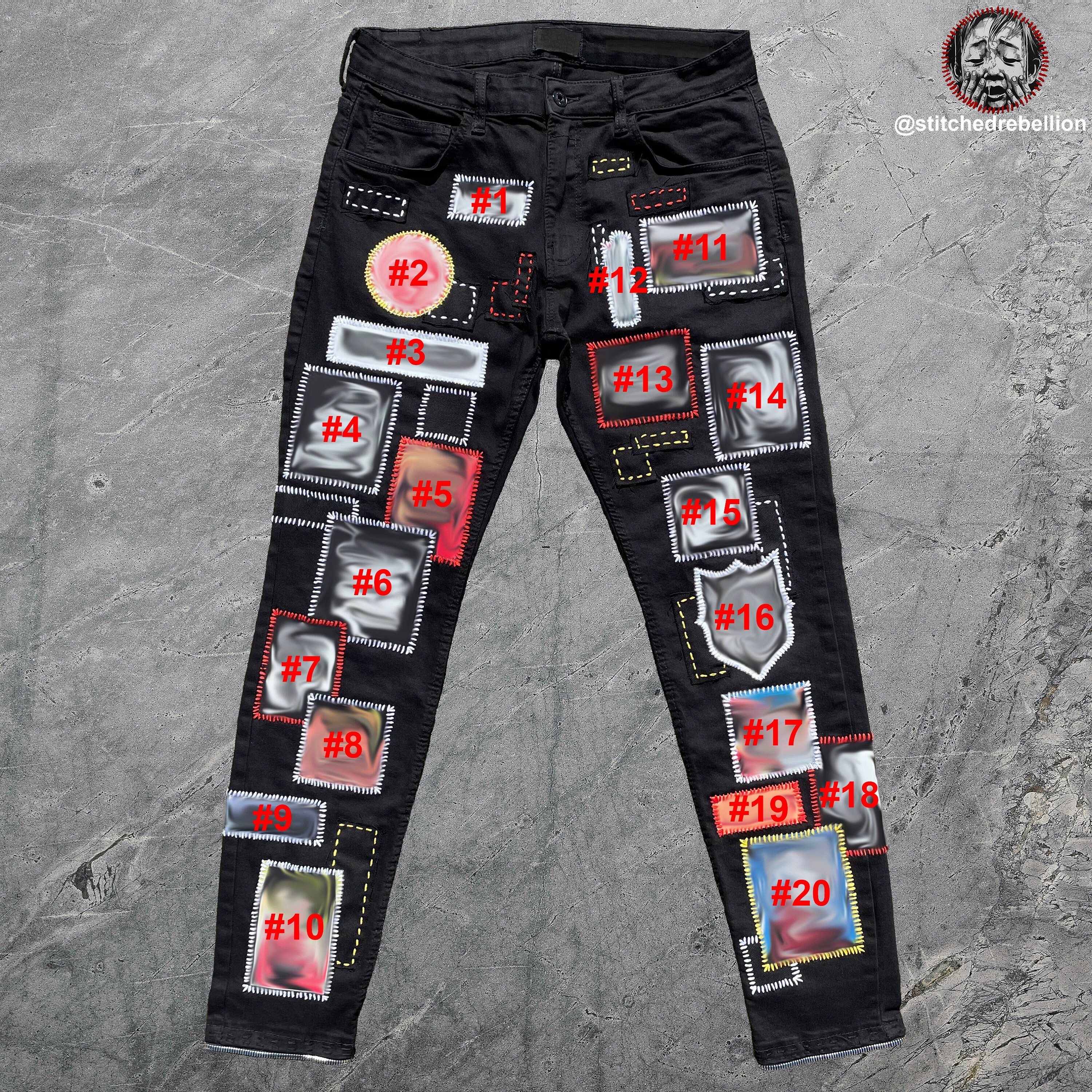 Buy Generic Mens Vintage Ripped Patch Jeans Printed Pattern Skinny Biker  Denim Pants Hip Hop Skinny Check Patchwork Jean Trousers BlackLarge at  Amazonin