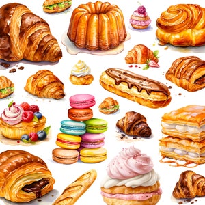 Aquarelle français boulangerie, clipart de cuisson, clipart de boulangerie, clipart brunch, clipart bonbons, png de boulangerie, clipart petit-déjeuner, clipart croissant