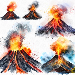 24 Watercolor volcano png - digital volcano clipart, volcano illustrations, volcano designs with transparent background, volcano lava
