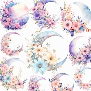 Pastel Night Moon Clipart - Luna carina con elementi floreali - Download istantaneo - Acquerello celeste floreale Crescent Moon PNG