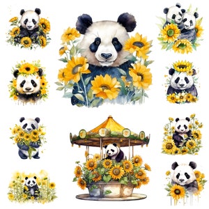 Clipart de panda e girassóis em aquarela 17 jpg - download digital de panda e flores - criação de cartão, convite, clipart de álbum de recortes