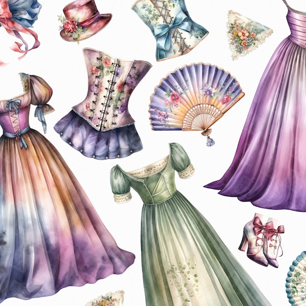 18 Watercolor Victorian dress png - Renaissance corset regency dress digital scrapbooking with transparent background for commercial use