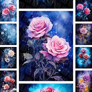 Aquarell Frozen Roses digitales Papier auf dunklem Grunge Texturen - Druckerpapier mit Winterrosen, Rosen und Nacht