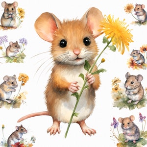 15 Maus und Blume png Clipart - Aquarell niedliche Mäuse Clipart - digitaler download - Scrapbook Bilder, Planer, Sublimationsdesign