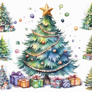 24 Watercolor Christmas tree printable - watercolour Christmas wall art digital download graphics in jpg format for commercial use