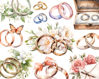 19 Anillos de boda de acuarela: elementos de boda agrupan gráficos de imágenes prediseñadas en formato jpg para uso comercial