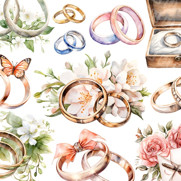 19 Watercolor wedding rings - wedding elements bundle clipart graphics in jpg format for commercial use