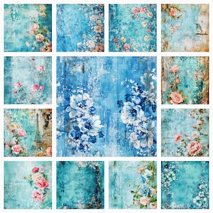 62 Blue shabby chic rose digital paper - vintage blue printable paper, shabby chic french blue 10x10 inch on old paper