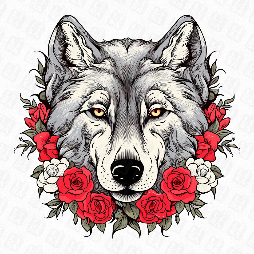 Wolf and Roses Png - Wolf Sublimation, Wolf Clip Art, Floral Animal ...