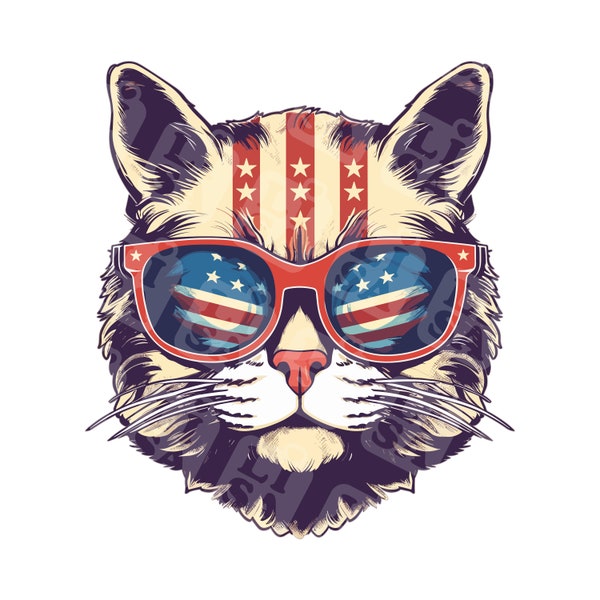 4 Patriotic Cat Head Png, Retro 4th of July Clipart, Americana Clip Art, Patriotic Art Digital Download, Sublimation Design