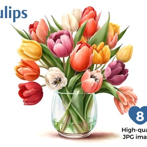Watercolor Tulips Clipart, 8 High Quality JPGs, Tulips Download, Card Making, Digital Paper Craft