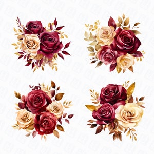 Watercolor Burgundy and Gold Roses Clipart - Floral Burgundy Wedding ...