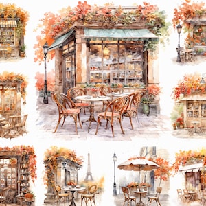 27 aquarel herfst koffieshop clipart - romantische Franse café bundel clipart-afbeeldingen in jpg-formaat voor commercieel gebruik