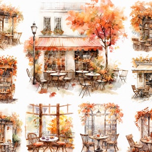 26 Watercolor fall coffee shop - Paris coffeeshop clipart graphics in jpg format for commercial use