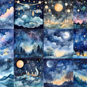 13 Aquarela mágica céu noturno papel digital - berçário noite estrelada lua scrapbook papel download digital para uso comercial