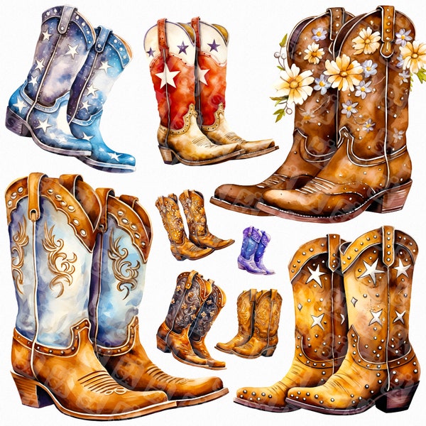 Watercolor cute cowgirl boots png - cowgirl clipart, western png, cute country girl png, flowers boots, western star on boots