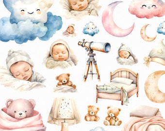 Nursery moon clipart png, good night png - soft colored, sleeping newborn baby shower, baby clipart, moon dreams, baby night dreams