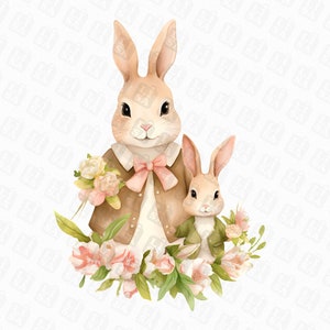Blumen Mama und Baby Hase png Sublimation - erster Muttertag, Mama Hase, Mutter und Tochter png, Mutter und Sohn, digitaler download