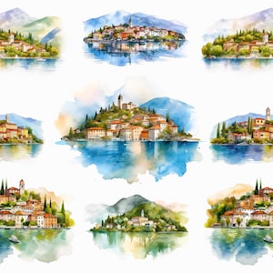 Watercolor lake como png - Northern Italy trip, lake clipart, lake mountain, Larius, Lario, lake scene