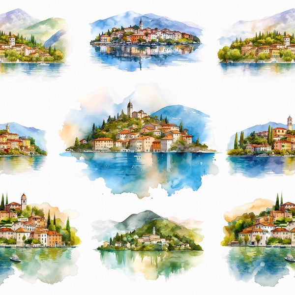 Watercolor lake como png - Northern Italy trip, lake clipart, lake mountain, Larius, Lario, lake scene