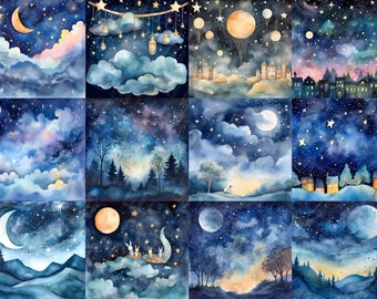 26 Watercolor night sky magic digital paper - nursery starry night moon digital scrapbook for commercial use