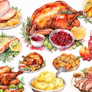28 Aquarela Natal Comida Peru Png. Clipart de jantar de Natal em aquarela. Clipart de pacote de Natal. Natal para imprimir. Confecção de cartões.