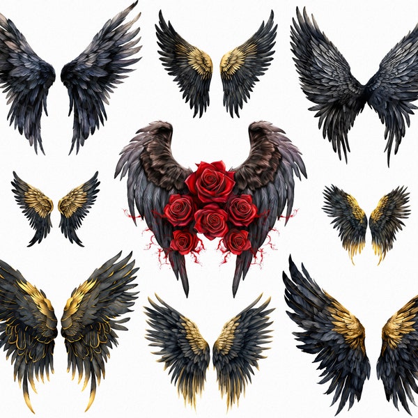 Watercolor black wings png - gold wings png, red roses wings, angel wings png, feather wing png, gothic clipart