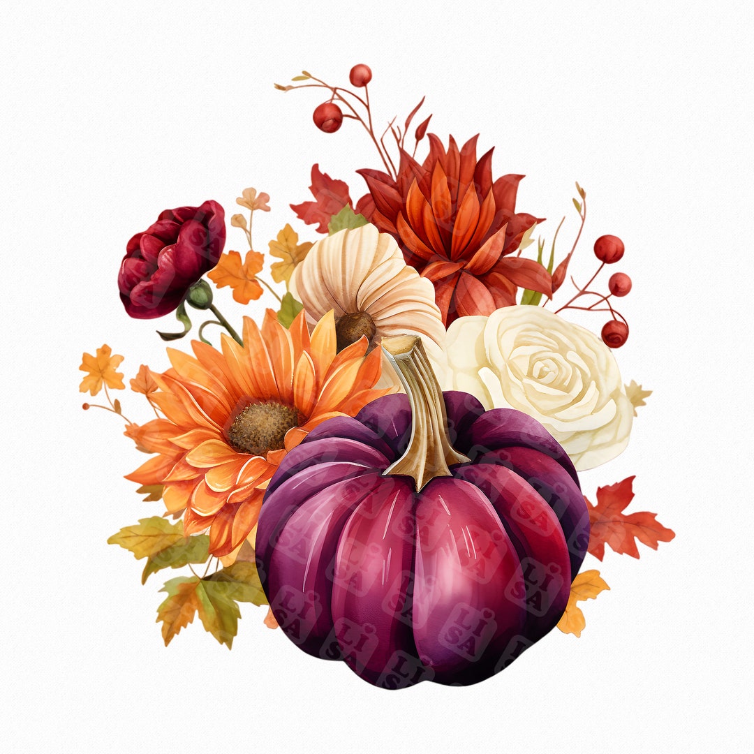 Watercolor Pumpkin Clipart Burgundy Png - Floral Pumpkin Png - Wall Art ...