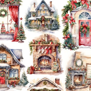 82 Case e stanze natalizie ad acquerello - case invernali con grafica clipart in bundle di decorazioni natalizie in formato jpg per uso commerciale