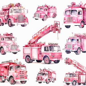PNG del camion dei pompieri rosa dell'acquerello - camion dei pompieri dell'acquerello, camion dei pompieri pastello, clipart digitale, trasporto, clipart del camion dei pompieri