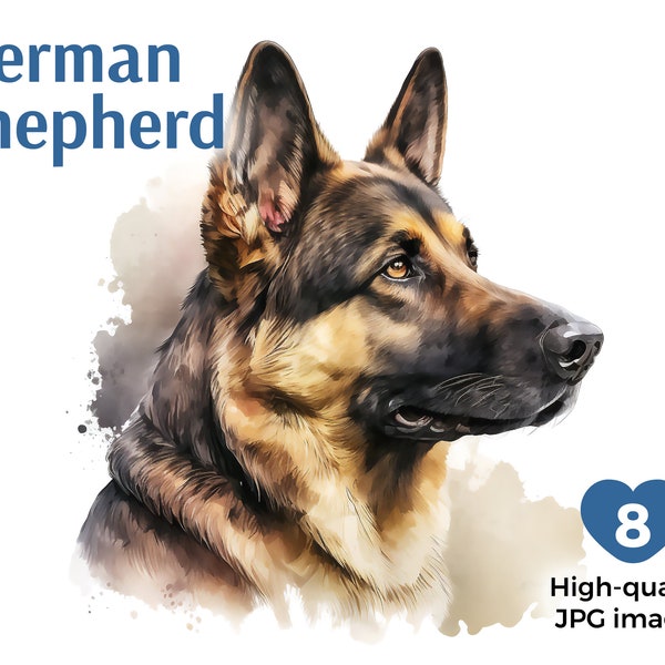 Watercolor German Shepherd Clipart, 8 High Quality JPGs, Watercolor German Shepherd Wall Art, Card Making, Digital Paper Craft