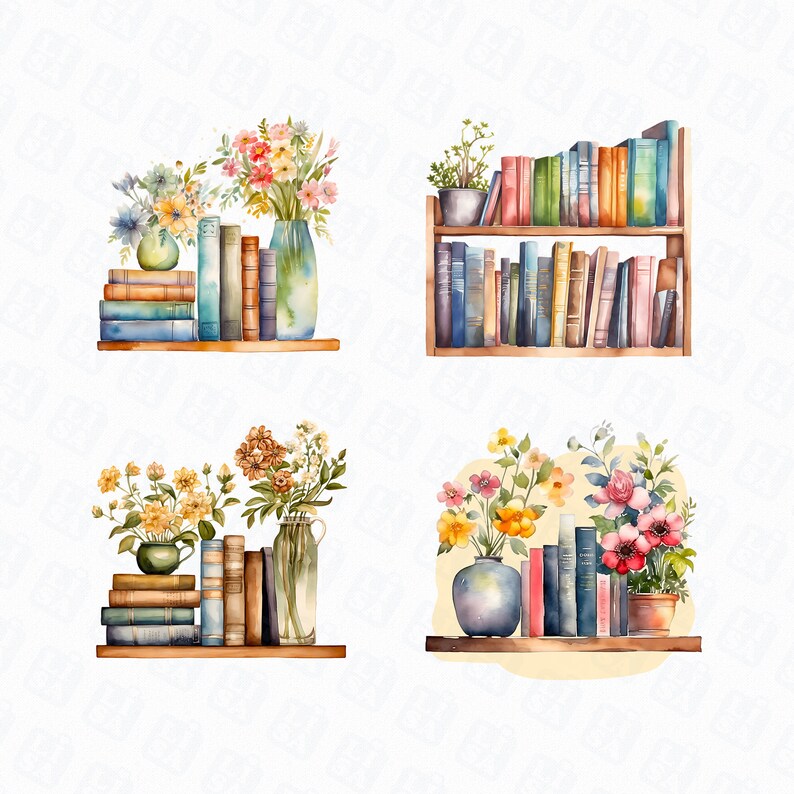Watercolor Floral Bookshelf Png Floral Books Png Library Etsy