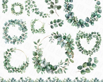 58 Watercolor Eucalyptus Clipart, Watercolor Greenery Clipart, Eucalyptus PNG, Green Leaves, Eucalyptus Border Wreath, Wedding Clipart