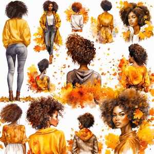 Bella donna nera PNG - Clipart afro autunnale con foglie autunnali - Clipart donna afro autunnale - Fall Vibes PNG