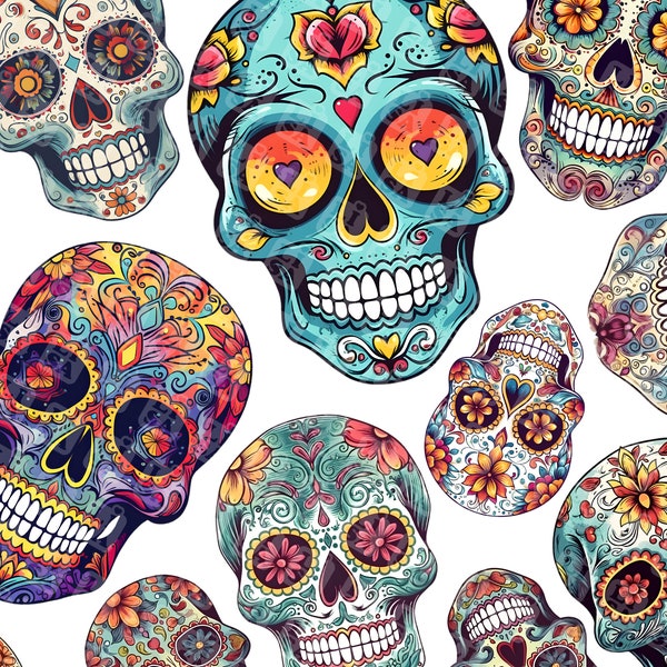 12 Colorful sugar skull clipart - Mexican skulls bundle clip art graphics in png format for commercial use