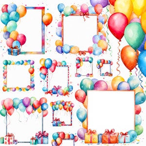 Aquarell Luftballons Rahmen Png: Digitales Luftballon Clipart Set für Geburtstagsfeiern und Babypartyeinladungen