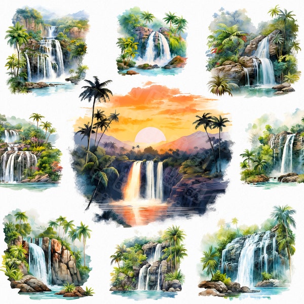 Aquarelle cascade tropicale png - clipart cascade, clipart palmier, peinture cascade, clipart nature, scène tropicale, clip art cascade