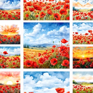Aquarell Mohnfeld digitales Papier, digitaler Hintergrund, Mohn druckbar, Mohn Malerei, Mohn Druck, Mohnwiese, rote Blumen, 10"x10"