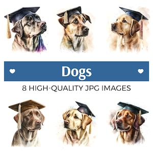 Watercolor Dog Graduation Clipart, Watercolor Graduation Image Files, Instant Download Art, 8 High Quality JPGs