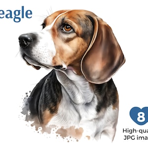 Watercolor Beagle Clipart, 8 High Quality JPGs, Watercolor Beagle Wall Art, Card Making, Digital Paper Craft