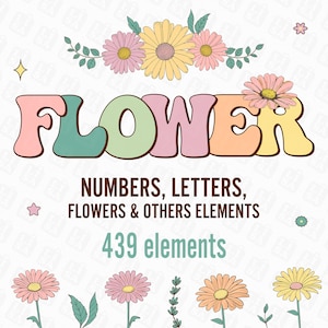 Bloem alfabet PNG set, aanpasbare retro Boho bloemenletters voor monogrammen en namen, bloemletters