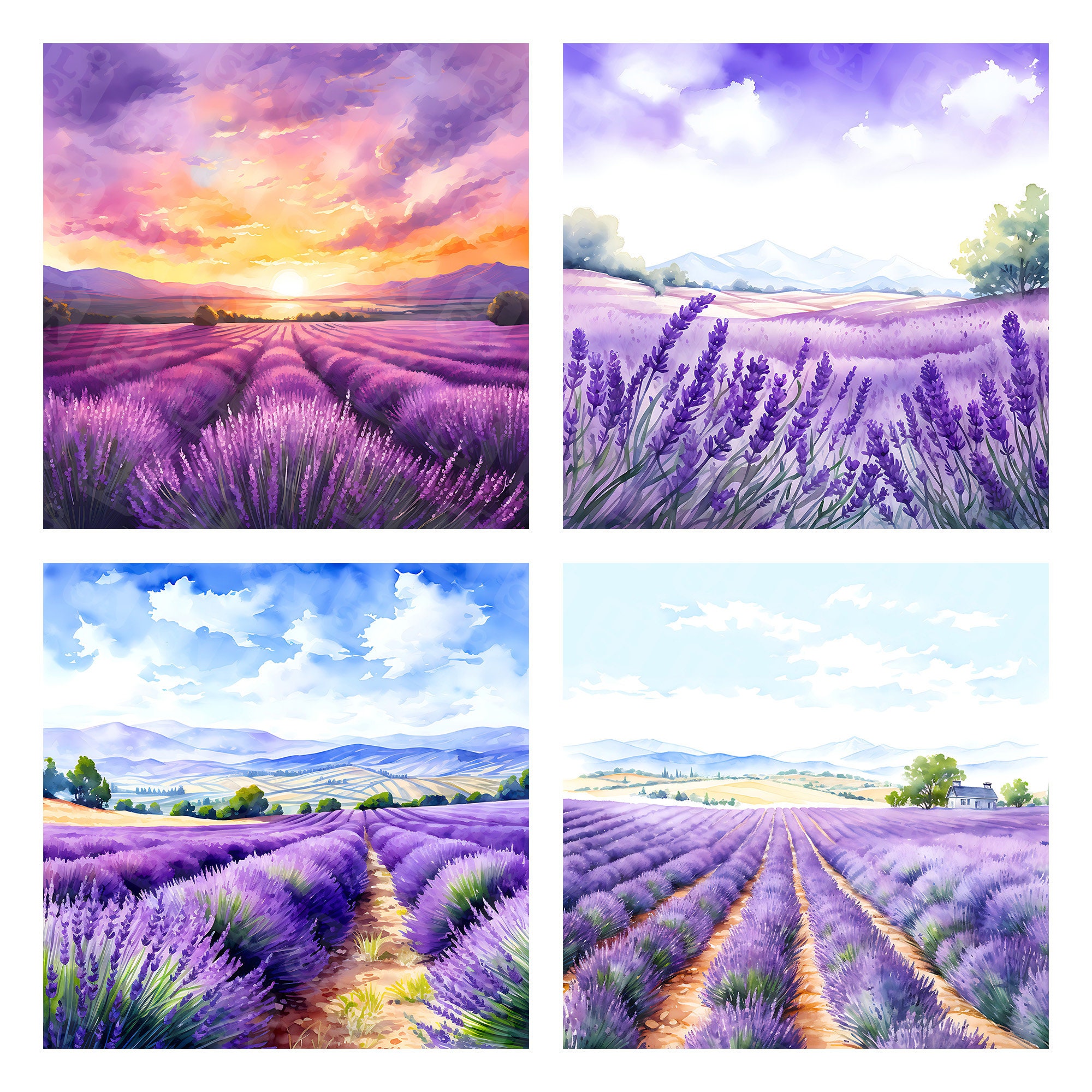 Watercolor lavender field digital paper - digital background, flowers paper, printable paper, floral digital paper 10"x10"