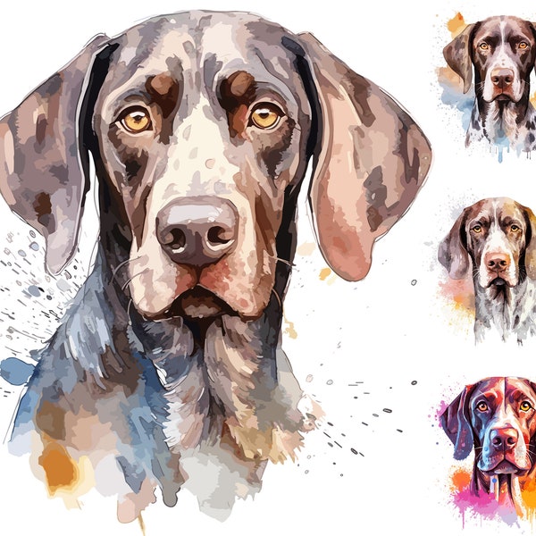 4 Watercolor German Pointer Clipart. German Shorthaired PNG. Instant Download Sublimation Graphics, Digital Crafting