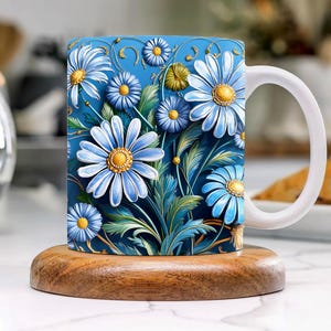 3d Daisy Mug Wrap 11oz & 15oz Mug, Blue Flowers 3d Mug Sublimation Design Mug Wrap Template PNG, Dandelion Wrap