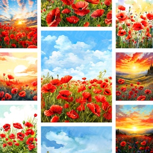 Papel digital de campo de papoula em aquarela, pintura de papoula, impressão de papoula, prado de papoula, flores vermelhas, páginas de diário digital de papoula imprimíveis