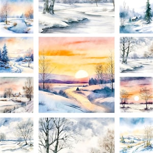 Watercolor winter wonderland background - winter landscape printable graphics, commercial use