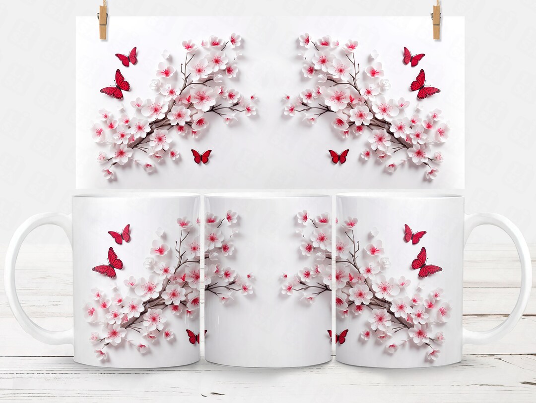 3D Floral Mug Wrap Design, Mug Design With 3D Flower and Butterfly ...